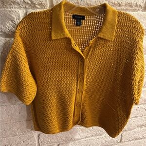 Halogen Mustard Knit cropped crochet Button-Up sweater
